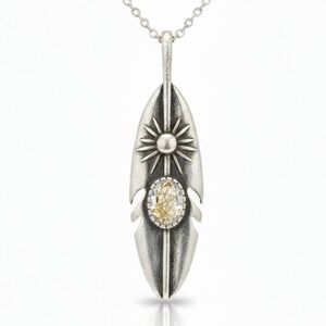 Silver Feather Pendant Necklace with Rutilated Quartz and Sun Charm